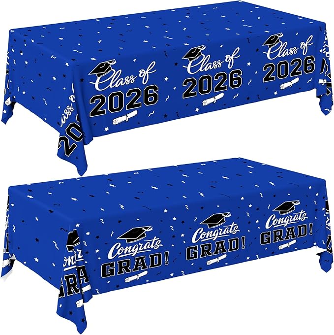 Gatherfun 2026 Graduation Decorations : 2-Pack Congrats Grad Disposable Tablecovers - Class of 2026 Blue Themed Table Cloths, for Graduation Party Supplies & Graduation Backdrop, 54" X 108"