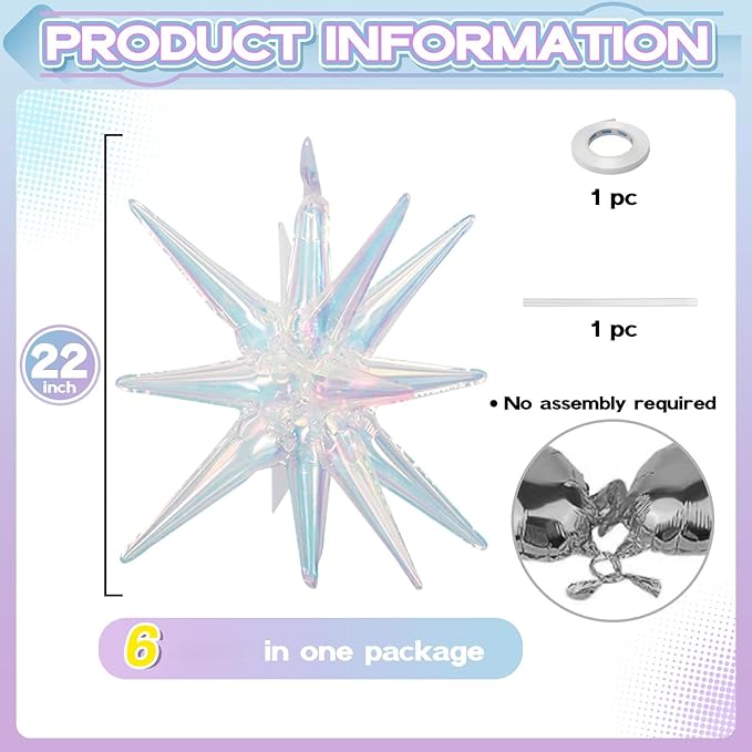 6PCS Iridescent Star Balloons, 22Inch Huge Iridescent Explosion Star Balloons Holographic Spike Cone Foil Balloon for Baby Shower Bridal Shower Wedding Birthday Party Decorations