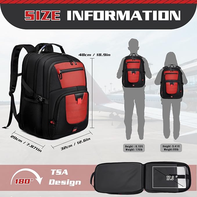 Large Travel Backpack, 50L Laptop Backpack for Men 17.3 Inch, TSA Approved, Heavy Duty with Charging, Anti Theft for College Business Work, Red