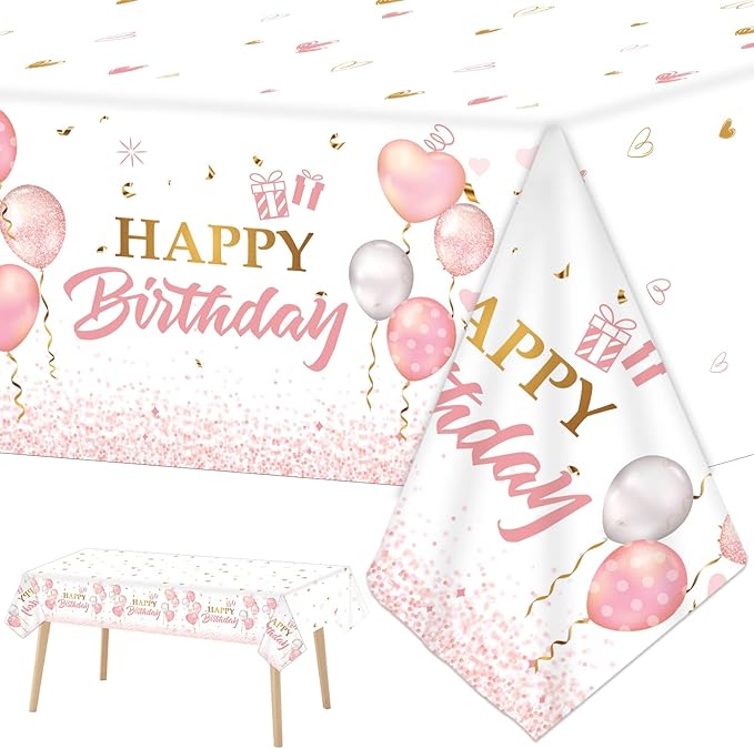 3 Pieces Pink Rose Gold Tablecloth for Rose Gold Birthday Decoration Plastic Disposable Party Table Covers for Rectangle Tables Girl Women Parties Happy Birthday Wedding Party Favors, 54 x 108 Inches
