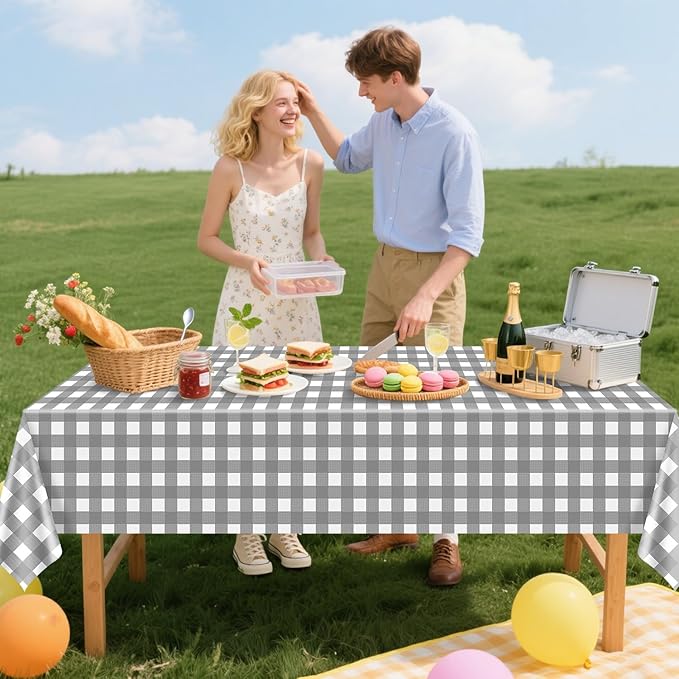 4 Pack Grey Gingham Tablecloths, Grey and White Checkered Tablecloths 86 x 51 Inches Gingham Tablecovers Rectangular Waterproof Picnic Table Covers for Birthday Party Supplies