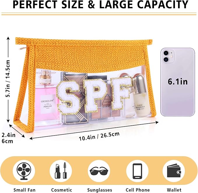 SPF Sunscreen Bag Clear Makeup Bag Chenille Letter SPF Cosmetic Zipper Pouch Summer Beach Essential Cute Toiletry Pouch Travel Accessories Gifts for Women