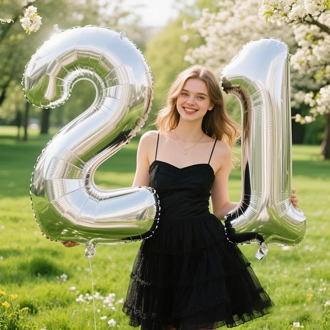 40 Inch Silver Number 21 Digital Balloon,Jumbo Mylar Foil Helium Balloon for 21 Balloons for Birthday Party,Wedding Anniversary Party Decorations
