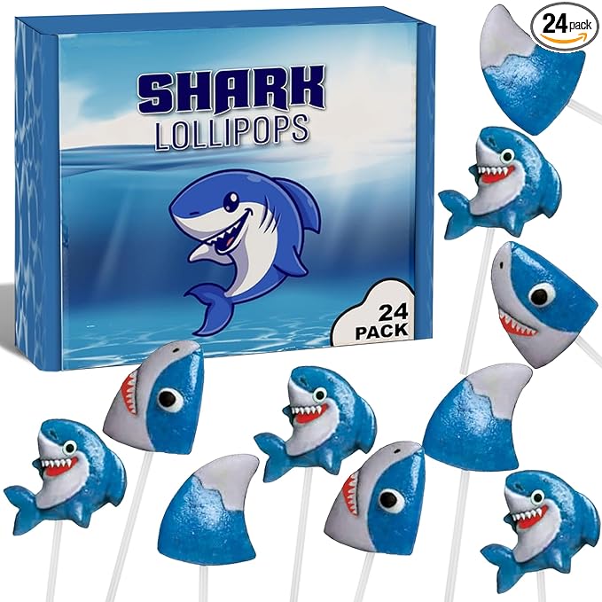 Shark Lollipops Bulk 24 Pack – Shark Shaped Candy Suckers Individually Wrapped – Baby Shark Theme – Ocean Under the Sea Party Favors – Birthday Treats for Kids Goodie Bags