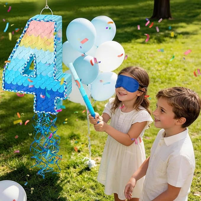 WERNNSAI Number 4 Piñata - Ombre Blue Number Piñata with Blindfold Stick Birthday Party Game for Kids Boys Girls 4th Birthday Party Decorations （16.3" x 11.6" x 3")