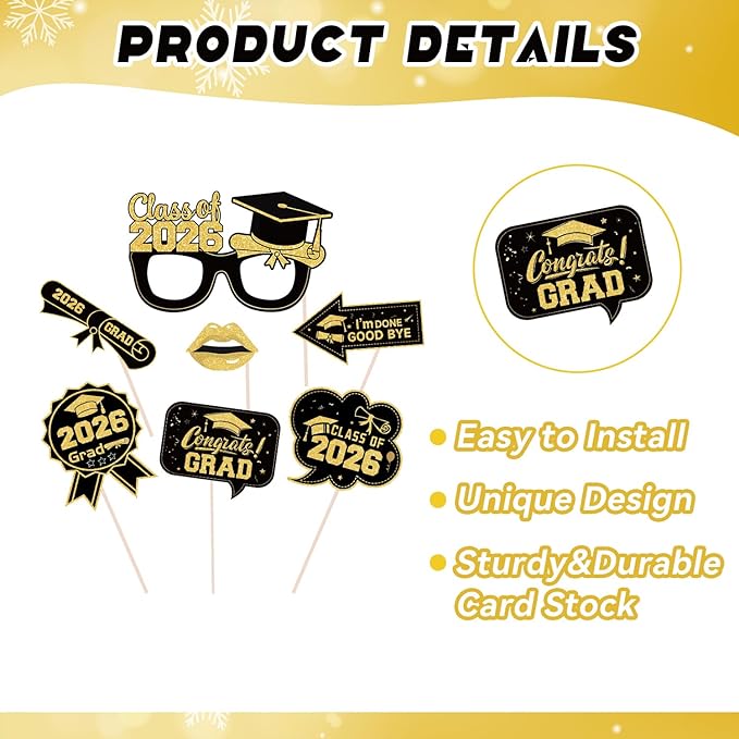 Black and Gold Graduation Decorations 2026 18Pcs, Graduation Photo Props Set with 27x19 Inch Photo Booth Frame and 17 Handheld Signs for Graduation Party Supplies Class of 2026