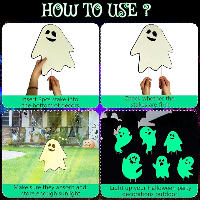 6Pcs Halloween Ghost Yard Stakes Glow in The Dark, 17"x12" Large Light Up Scary Ghost Decorations for Outdoor Lawn, Porch, Cemetery and Indoor Haunted House Displays, Waterproof and Easy Setup
