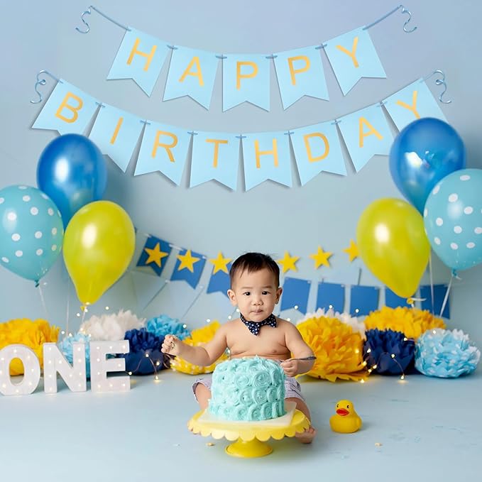 Blue Happy Birthday Banner - Light Blue Hanging Backdrop Sign with Gold Letters, Happy Birthday Sign Bunting Decorations for Women men Kids Baby Shower Party Supplies (13pcs)