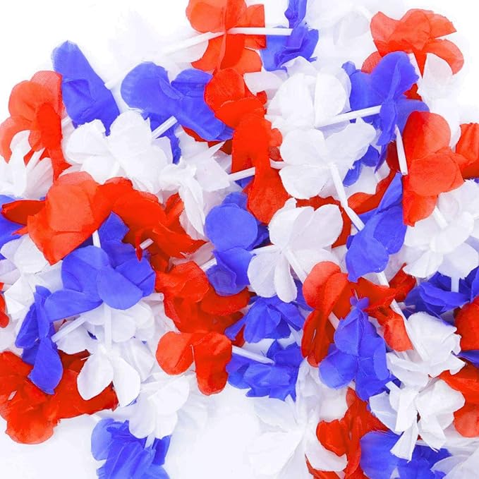 LALASTAR Red White and Blue Flower Leis, Memorial Day Decorations, 4th of July Memorial Day Patriotic Decorations, Hawaiian Luau Flower Necklace Party Favors, Pack of 12