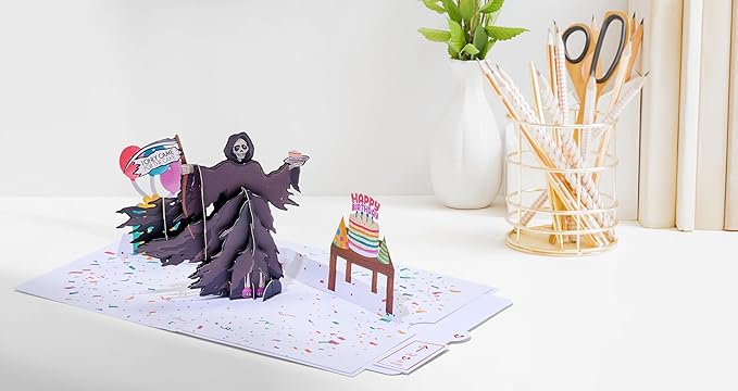 Lovepop Happy Birthday Pop-Up Card for Her and Him- 3D Humor Birthday Greeting Cards for Boys, Girls, Men, Women - Fear Not - 5" x 7" Grim Reaper Card - Blank Note Card & Envelope Included