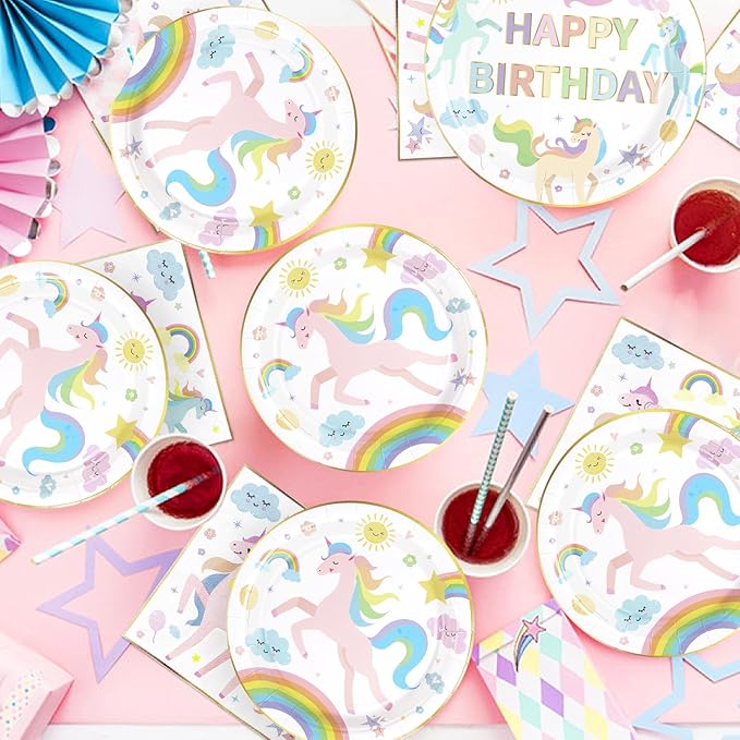96Pcs Magical Pastel Unicorn Birthday Party Decorations 350 GSM Colorful Rainbow Unicorn Plates and Napkins Tableware Sets for Girls Baby Shower Birthday Party Supplies Serves 24