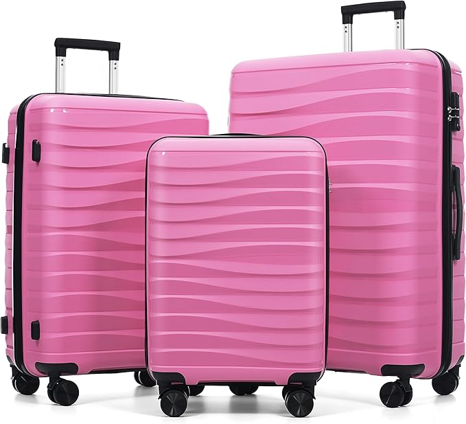 Hardside Luggage Sets, Lightweight Wave Suitcase with Spinner Wheels, PP Pink