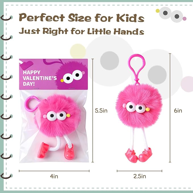 Valentines Day Gifts for Kids - 24 Pack Pre-filled Plush Toys Keychains with Valentine's Gift Cards for School classroom Class - Valentine Party Favors for Kids Boy Girls Toddlers