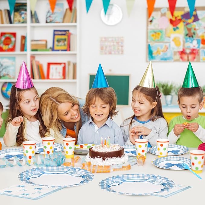 96Pcs Blue Bow Birthday Decorations Blue and White Gingham Plaid Plates and Napkins Sets Coquette Party Decorations for Girls Boys Baby Shower Summer Picnic BBQ Barbecue Party Supplies Serve 24