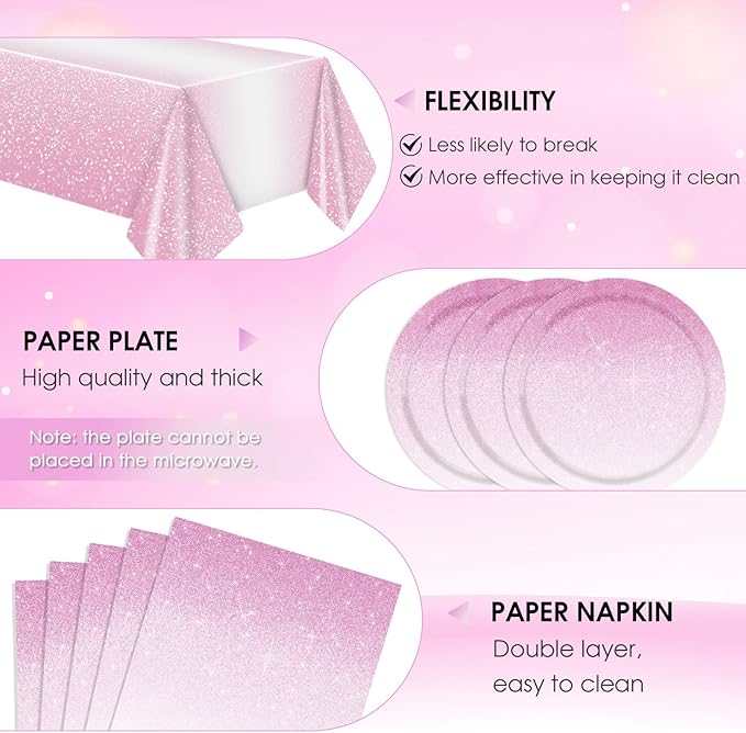 41Pcs Ombre Pink Party Decorations Gradient Pastel Pink Tableware Set Include Paper Plates Napkins Tablecloth丨Baby Shower Girls Woman Wedding Birthday Anniversary Party Decorations,Serves 20