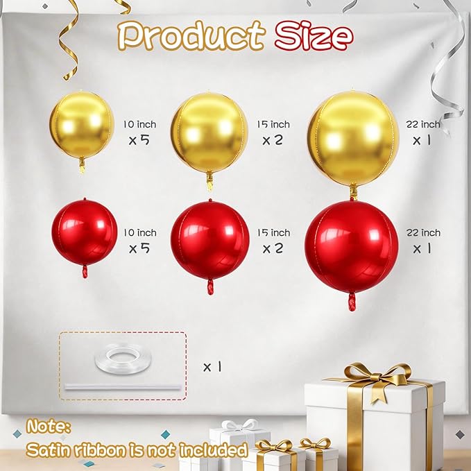 Togvu Red Gold Round Foil Balloons, 16PCS Different Sizes 4D Metallic Balloon Large Sphere Mirror Ball Balloons for Prom Graduation Christmas New Year Birthday Party Ceiling Decorations Supplies