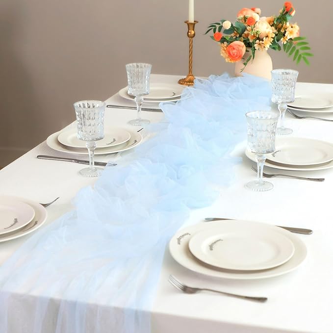 Snowkingdom Light Blue Table Runner 10FT, Baby Blue Sheer Cheesecloth Gauze Runner 120 Inch, Rustic Boho Party Table Decoration for Wedding Bridal Baby Shower Birthday Christmas Winter Holiday