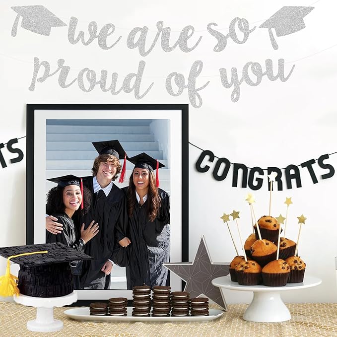 2026 Graduation Decorations Pre-Strung Blingbling We Are So Proud of You Banner Glitter Graduation Garland for Class of 2026 High School College Grad Party (Silver)