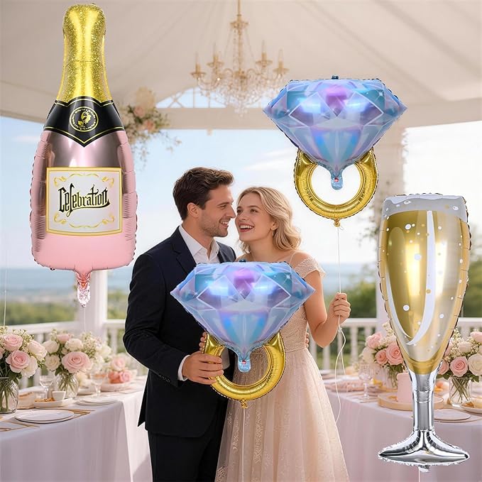 Diamond Ring Balloons Champagne Bottle Wine Glass Foil Balloons for Bachelorette Engagement Bridal Shower Wedding Proposal Marriage Anniversary Just Engaged Married Celebration Party Decorations