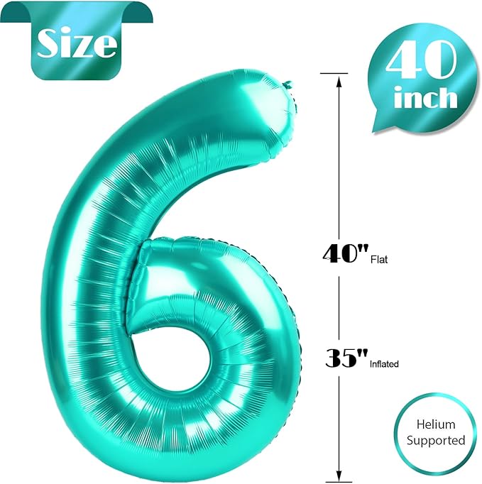 Teal Number 6 Balloon 40 Inch, 6 Balloon Number, 6th Birthday Decorations, Teal Party Supplies for Boys Girls