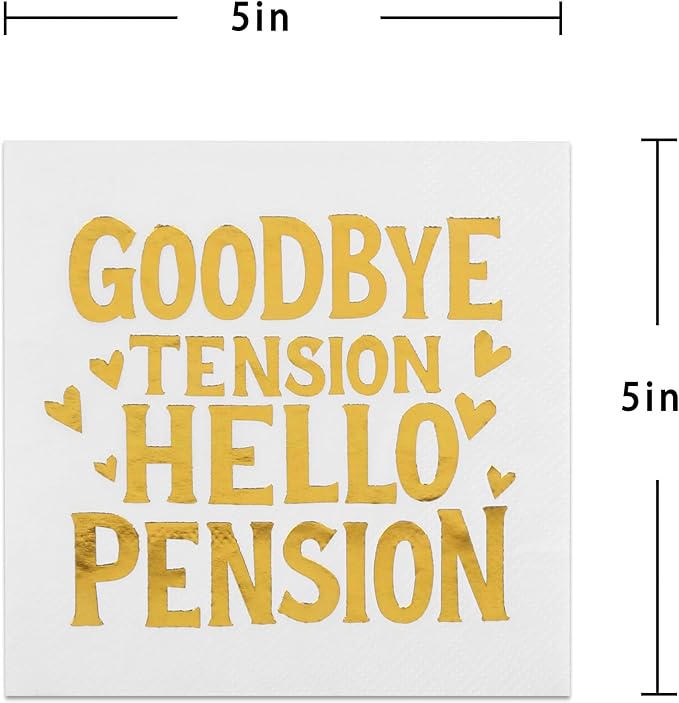 50 Pack Gold and White Retirement Paper Cocktail Napkins,GOODBYE TENSION HELLO PENSION Funny Farewell Celebration Party Supplies