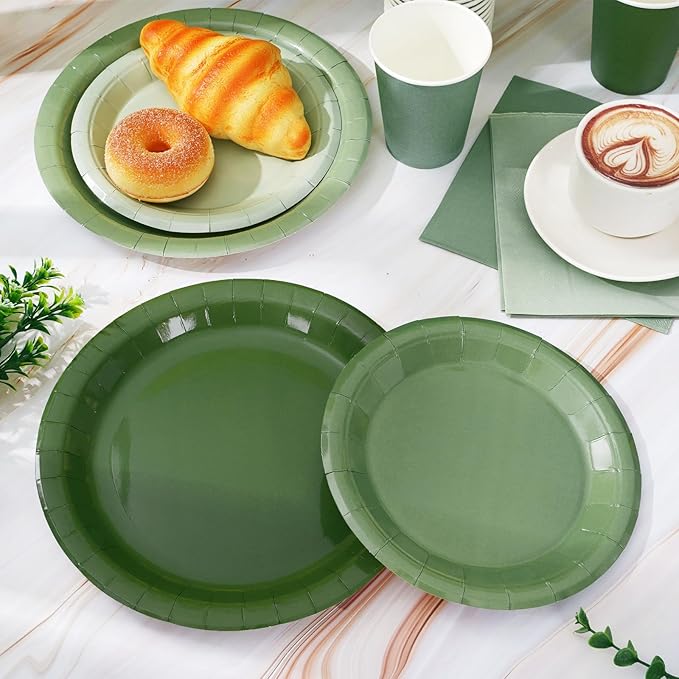 Whaline 244Pcs Sage Green Tableware Set Serves 48 Gradient Green Disposable Dinnerware 48 9" Plates 48 7" Plate 48 9oz Cups 100 Napkins for Wedding Birthday Party Supplies