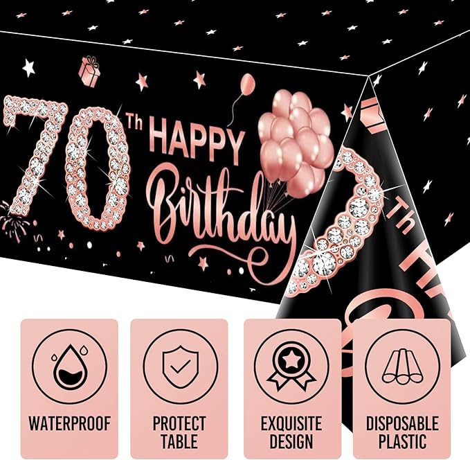 Parfundg 3 Pack 70th Birthday Tablecloth Decorations for Women, Rose Gold Happy Seventy Birthday Theme, Rectangular Plastic Disposable Table Cloth Decor, 54 x 108 Inches