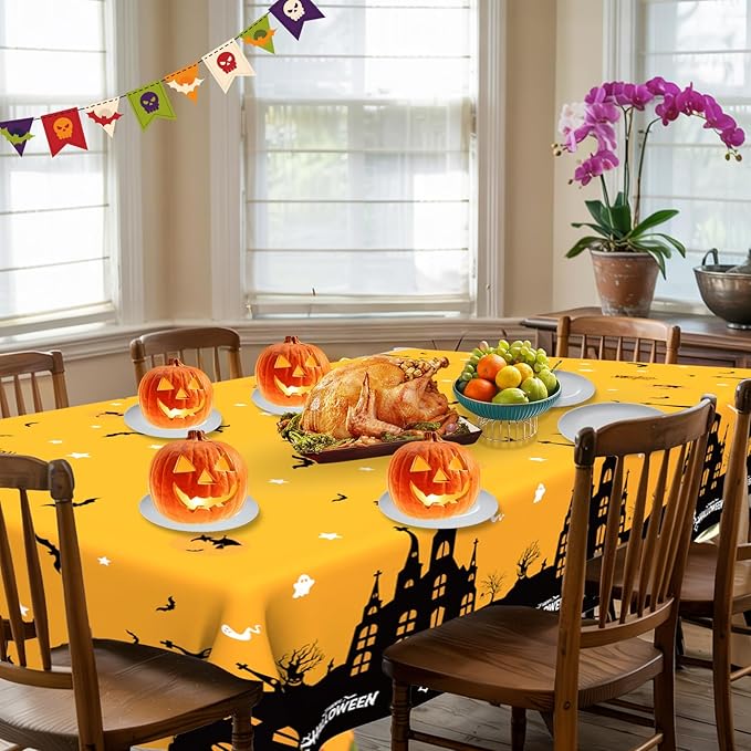 Halloween Tablecloth Halloween Decorations, 3 PCS Disposable Plastic Tablecloth Castle Bats Spider Web Rectangular Table Cover for Halloweens Party Favors Supplies Indoor Tables Decor 108 x 54 Inch