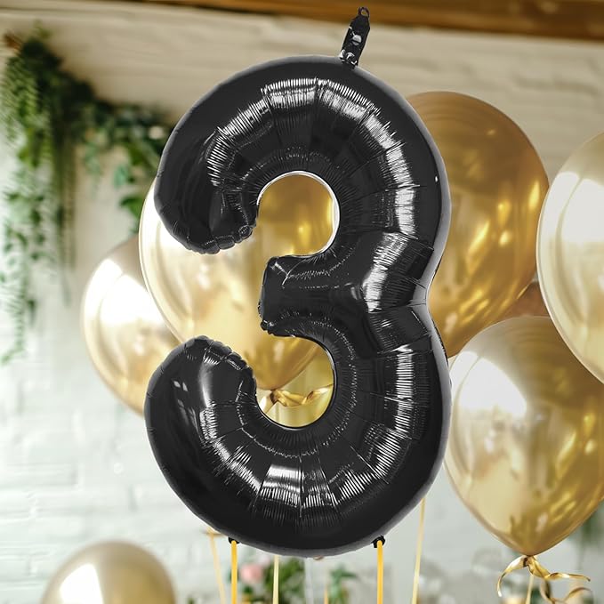 40 Inch Large Black Number Celebration and Decoration Balloon for Birthday Parties, Graduations, Anniversaries, Weddings, Photo Shoots, Special Events - Helium Foil Mylar (Black Number 3)