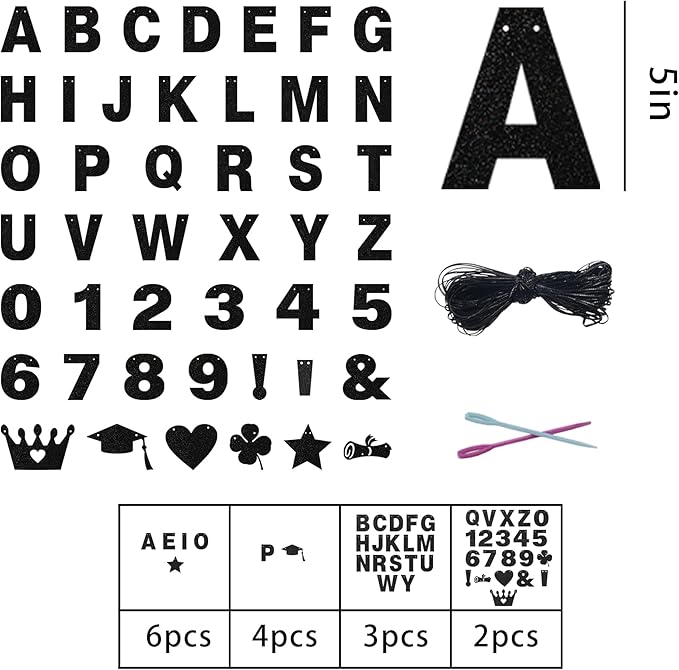 131 PCS Custom Banner Glitter DIY Letter Banners Personalized Banner for Birthday Congratulations Wedding Party Black 5-inch