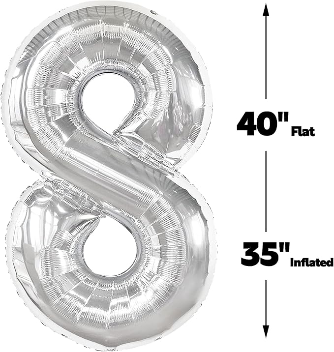 Silver Foil Number 8 Balloon 40 Inch, Helium Mylar Eight Number 8 18 28 38 48 58 80 88 Birthday Balloons, 8th Silver Women Men Wedding Anniversary, Graduations Party Supplies