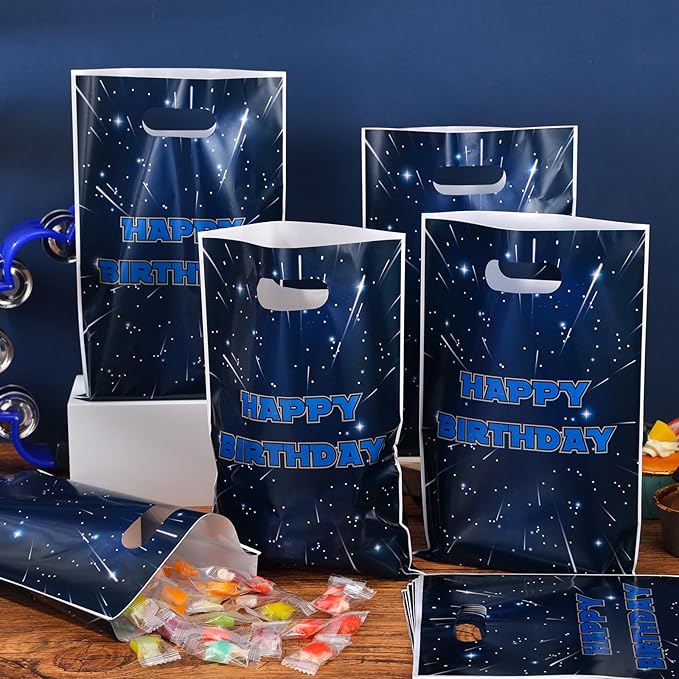 50Pcs Galaxy Star Party Favor Goodie Space Themed Star Decorations Party Supplies Gift Bag with Handles for Plastic Candy Bags for Boy Girl Kid Baby Shower