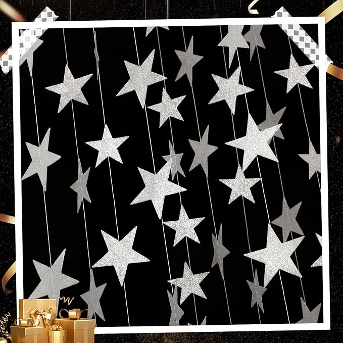 Spakon 65 Feet Glitter Star Paper Garland Banner Hanging Decoration Star Streamers Double Side 2026 Graduation Decorations for Wedding Birthday Festival New Year Party Decoration (Glitter Silver)