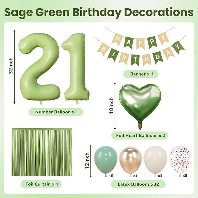 Sage Green 21st Birthday Decorations, Finally 21 Party Supplies for Her Him, Sand White & Cream Balloon Kit with Green Number 21 Balloon and Fringe Curtains