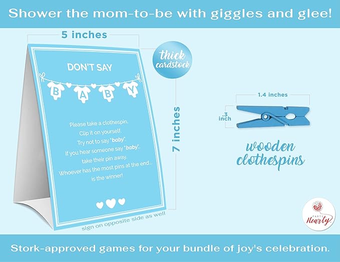 Party Hearty Baby Shower Games for Boy, Don't Say Baby Game,1 Sign and 50 Mini Blue Clothespins, Shower Game Ideas