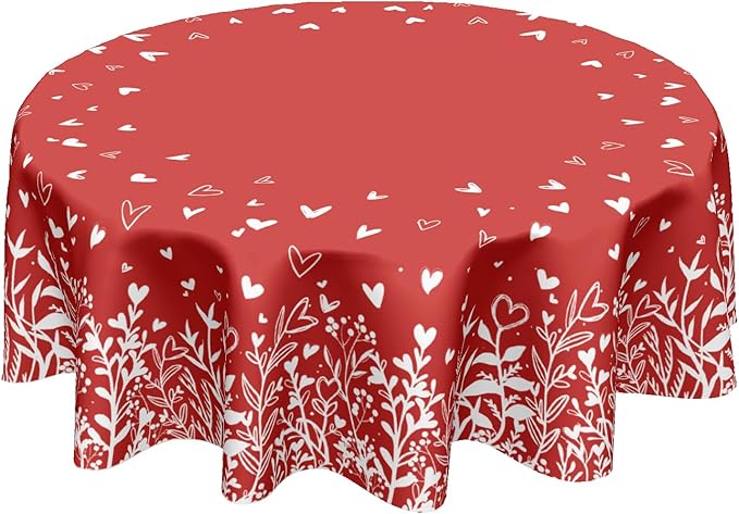 Valentine's Day Round Tablecloth 60 Inch Red Heart Pattern Circle Table Cloth Spring Holiday Table Cover Washable Polyester Decorations for Home Kitchen Dinning Party
