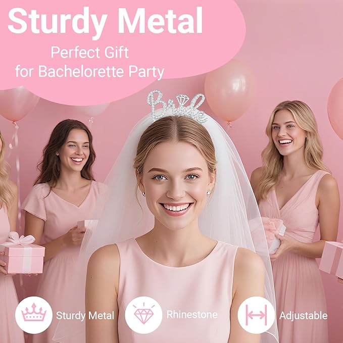 3Pcs Bride to Be Headband with Sash and Veil for Bachelorette Party Decorations, Bridal Shower Accessories for Gift, Favors