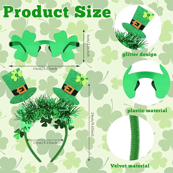 Semato St. Patrick’s Day Headband with Green Clover Sunglasses for St. Patrick’s Day Accessories Shamrock Irish Carnival Party Favors