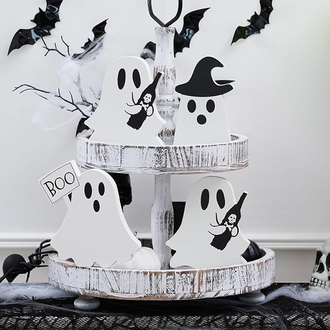 Halloween Decorations Indoor, Halloween Tiered Tray Decor Table Sign, Cute Ghost Decor Wooden Signs Ghost Blocks, Halloween Table Decorations Party Decorations for Mantle Home Shelf