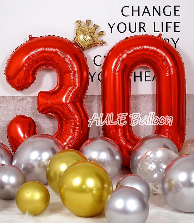 AULE 40 Inch Big Red Foil 30 Number Balloons for Women Large 30th Happy Birthday Decorations Giant Huge Helium Mylar 30rh Anniversary Party Decor