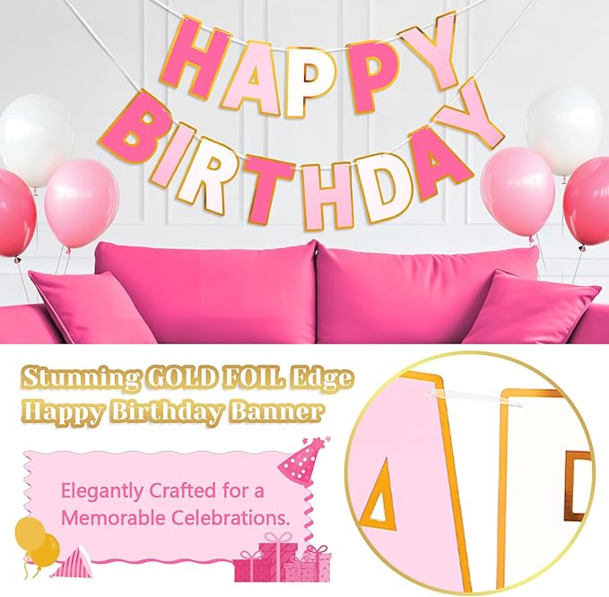 Happy Birthday Banner - 9ft Pre-Strung Happy Birthday Sign for Women, Men, Girls, Boys - No DIY Birthday Decorations & Party Supplies(Roseo Pink)