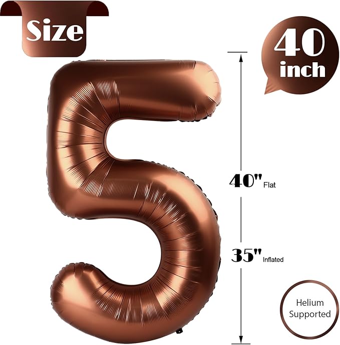 Coffee Brown Number 5 Balloon 40 Inch, 5 Balloon Number, 5th Birthday Decorations, Coffee Brown Party Supplies for Boys Girls