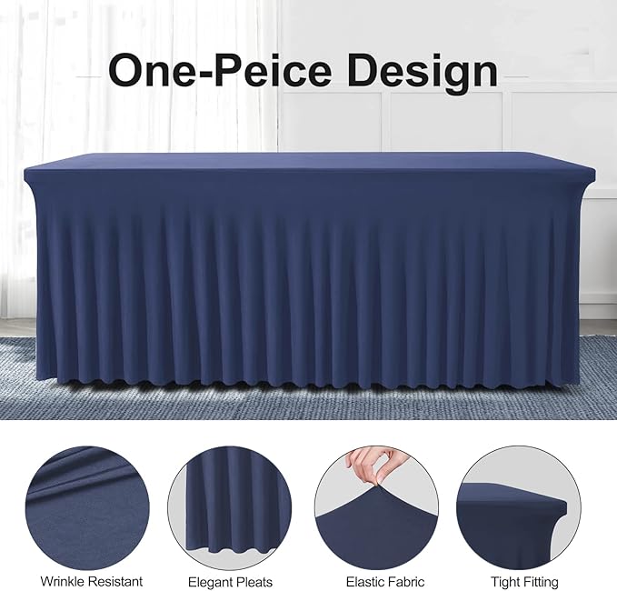 Table Skirt for 4 Foot Tables - One-Piece Navy Blue Tablecloths and Skirt, Wrinkle Resistant Ruffles Elastic Cover for Banquets, Weddings, Events, Parties