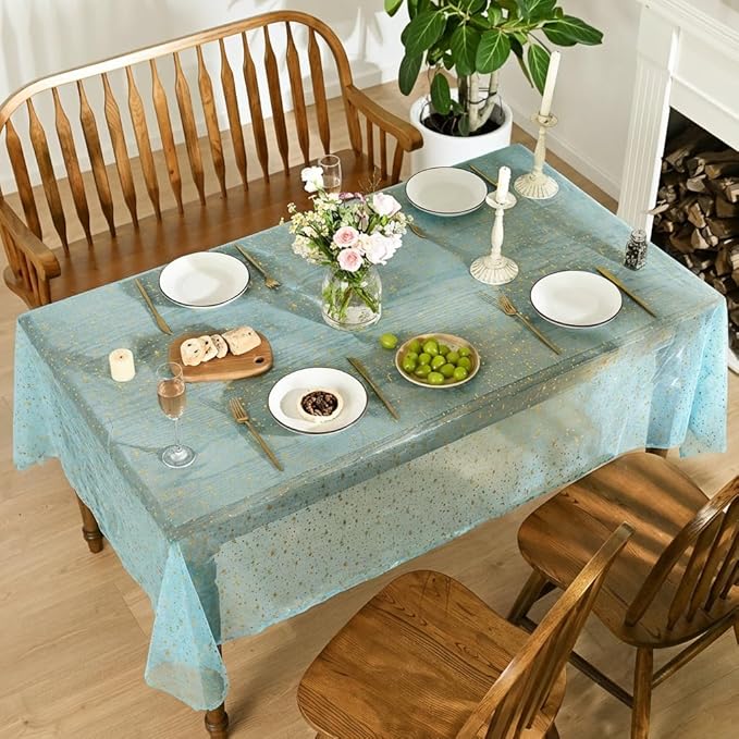 Horaldaily Blue Gold Sparkling Star Gauze Tablecloth 60x84 Inch Rectangular, Golden Star Sequin Glitter Metallic Foil, Sheer Tulle Cheesecloth for Wedding Baby Shower Party