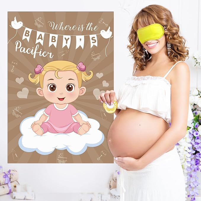 Hxezoc Baby Shower Game Pin The Pacifier On The Baby Game with 72 Pcs Pacifier Stickers, Large Baby Party Games Poster for Girls Kids Baby Shower Party Birthday Party Supplies