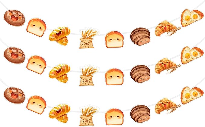3pcs Bread Party Decorations Garland, Breakfast Bread Party Decorations Bread Hanging Garland Bakery Toast Bread Grain Pre-Strung Garland for Bread Themed Birthday Baby Shower Party Supplies