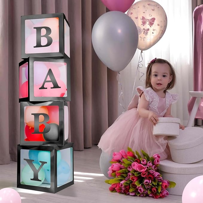 Baby Boxes with 4 PCS Letters for Baby Shower Black Clear Balloon Box Blocks Gender Reveal Decorations and Birthday Party (Black)