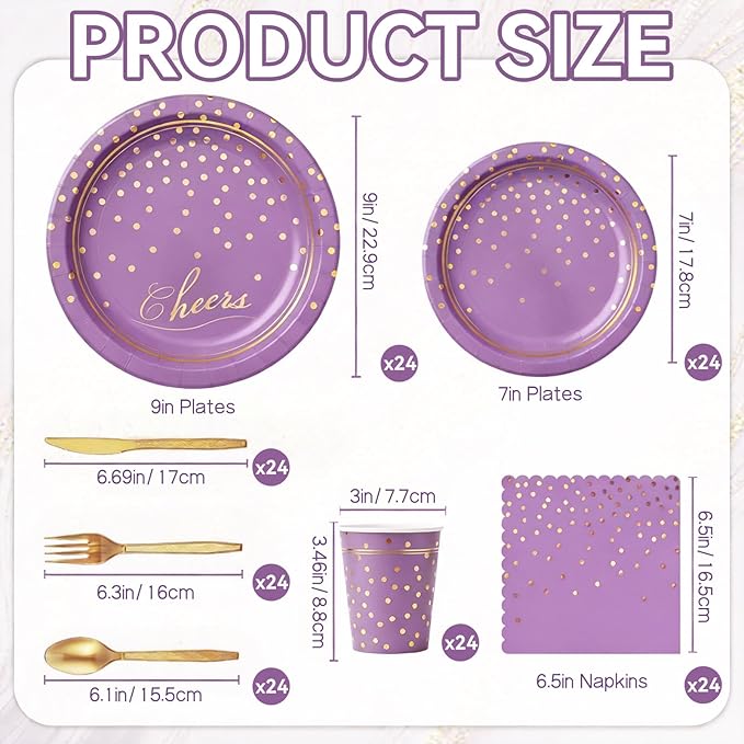 OuMuaMua Purple Gold Disposable Plates Party Supplies for 24 Guests, 168 Pcs Purple Plates, Cups and Napkins with Utensils Set for Birthday Baby Shower Graduation Lavender Party Decorations