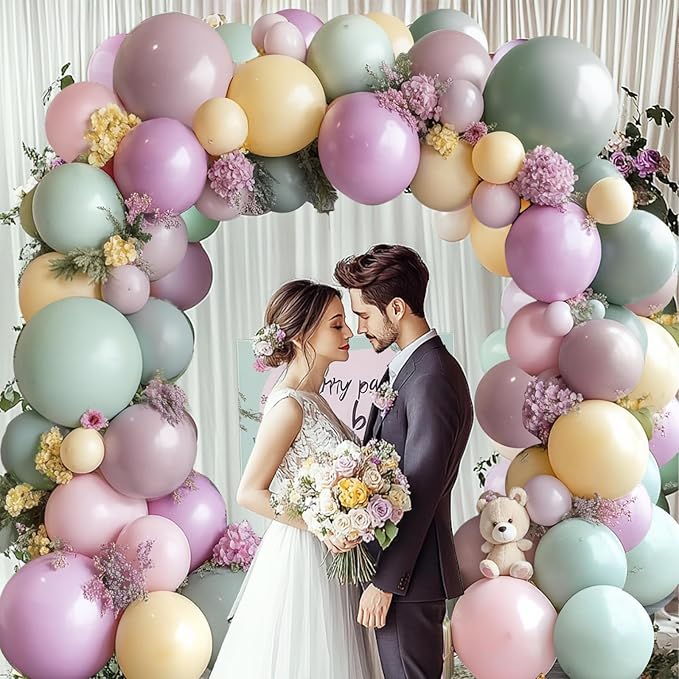 Dusty Green Pink Purple Yellow Balloon arch kit,Double Stuffed Haze Purple Mauve Pink Ivory Sage Green Lilac Light Yellow Balloons Garland for Brithday Wedding Wild Flower Princess Party Decorations