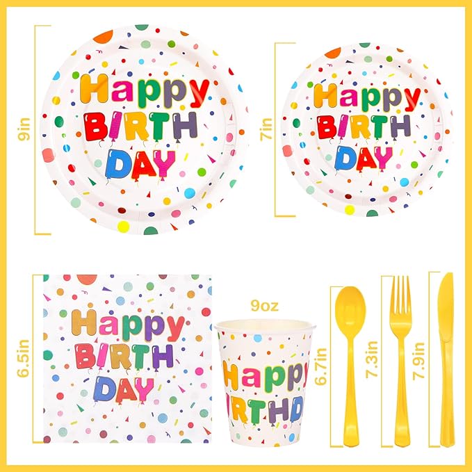 176PCS Happy Birthday Party Supplies, Happy Birthday Plates Serves 25, Includes Birthday Plates and Napkins, Cups,Yellow Cutlery and Happy Birthday Banner for Happy Birthday Party Decorations, 9inch